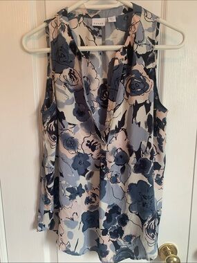 Kenar Navy, Blue and Cream Floral V-Neck Sleeveless Blouse